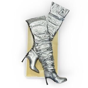 Michael Kors Kelsea Silver Leather Metallic Crush Slouchy Thigh High Boot 8